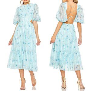 Mac‎ Duggal 49602 Size 2 Blue Floral Corset Lace Up Back Puff Sleeve Midi Dress